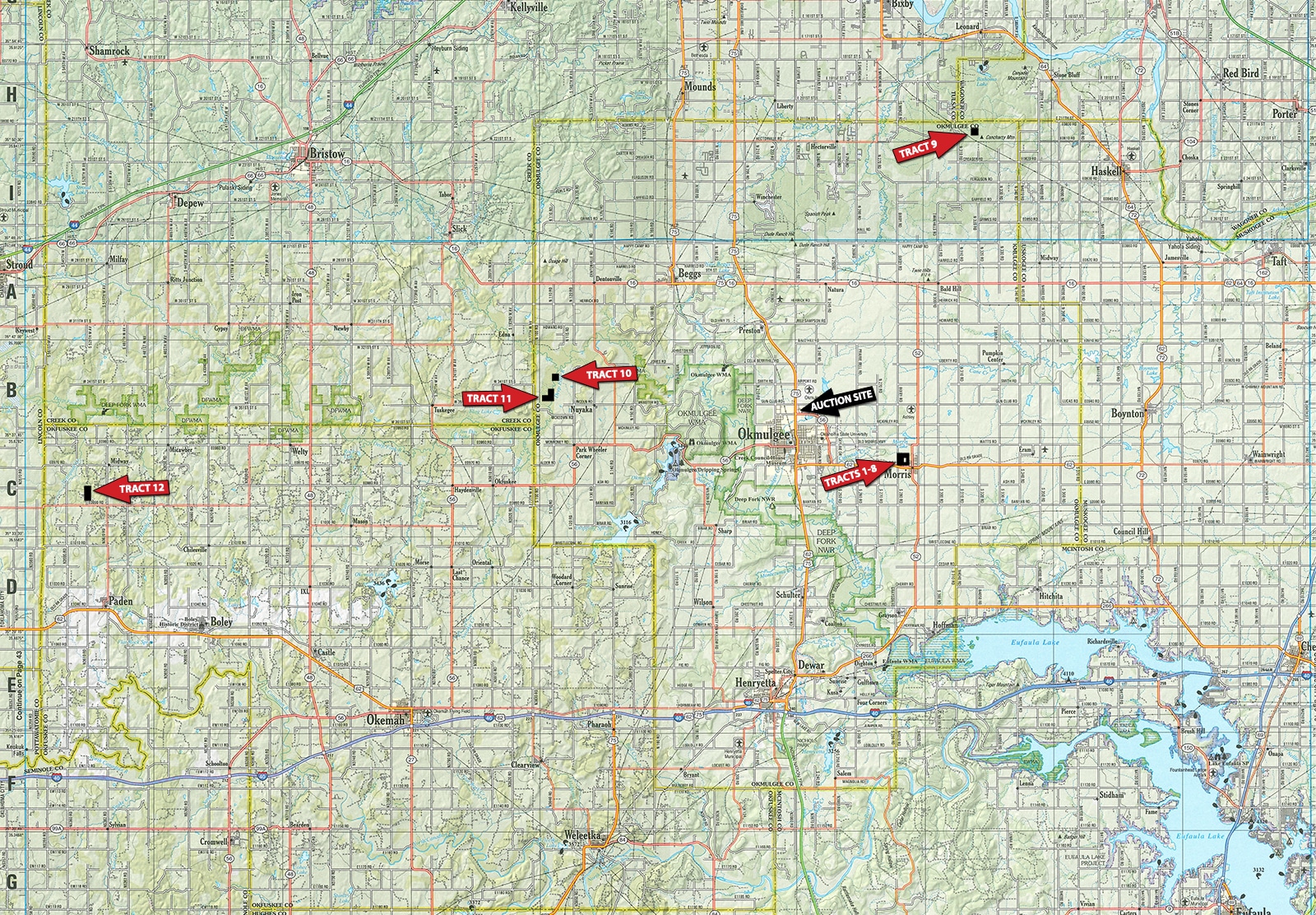 LAND & HOME AUCTION 420+/ ACRES OFFERED IN 12 TRACTS IN OKMULGEE