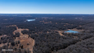 Aerial photo showing ponds and surface water across the ranch in Central Oklahoma