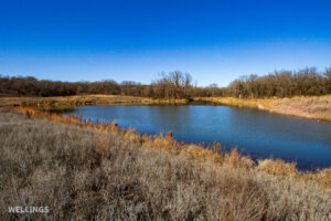 Stocked pond shoreline with wildlife habitat at The Floyd Ranch, OK