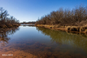 Stocked pond shoreline with wildlife habitat at The Floyd Ranch, OK